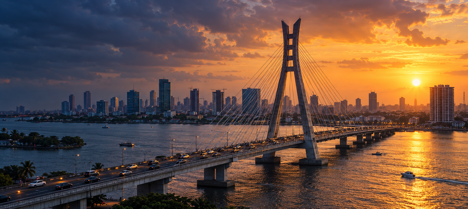 Lagos skyline and bridge at sunset
